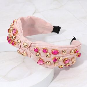 Pink Rhinestone Knot Headband Hair Bling Sparkle Crystal Jeweled Statement Gold